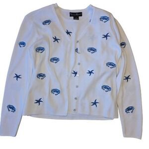 Mercer Madison 2 pc S Womens White Blue Crab Starfish Embroidered Cardigan Set